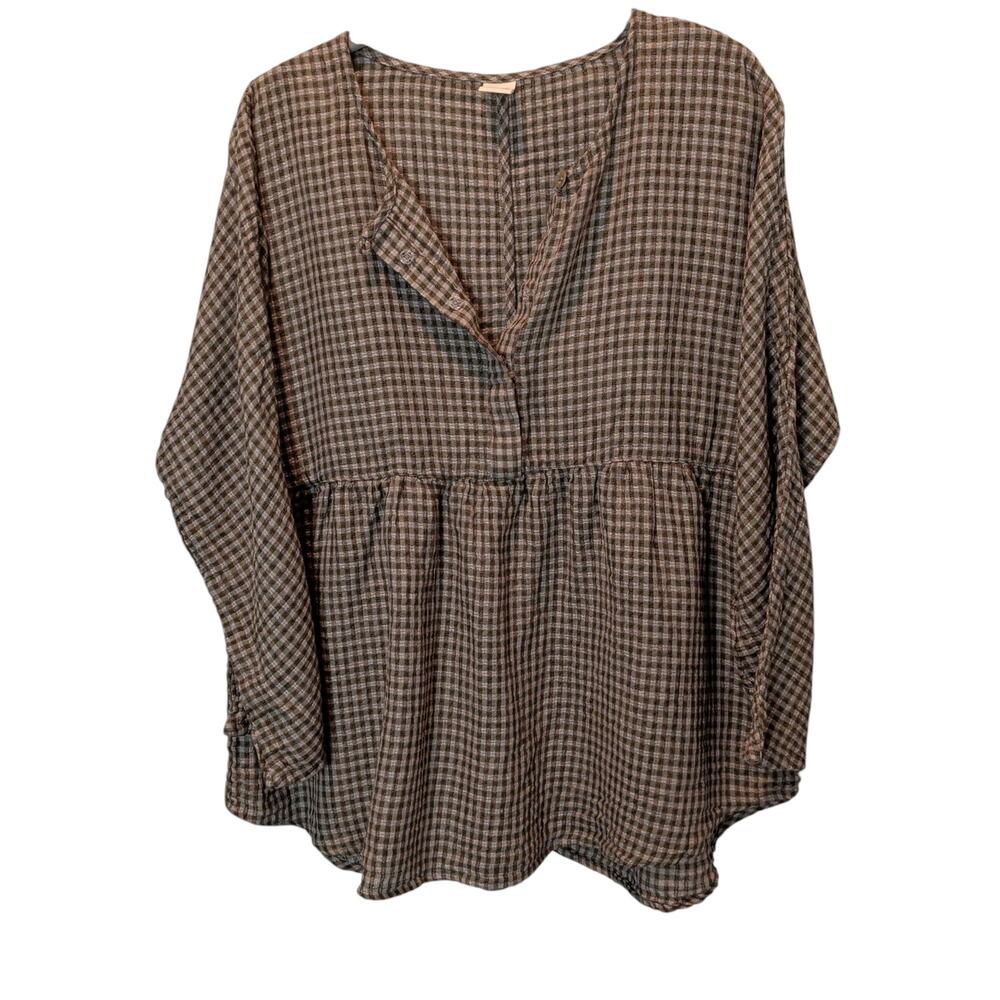 Lintico Women's Sz XL Brown Linen Blend Gauzy Check Swing Top Lagenlook Flowy